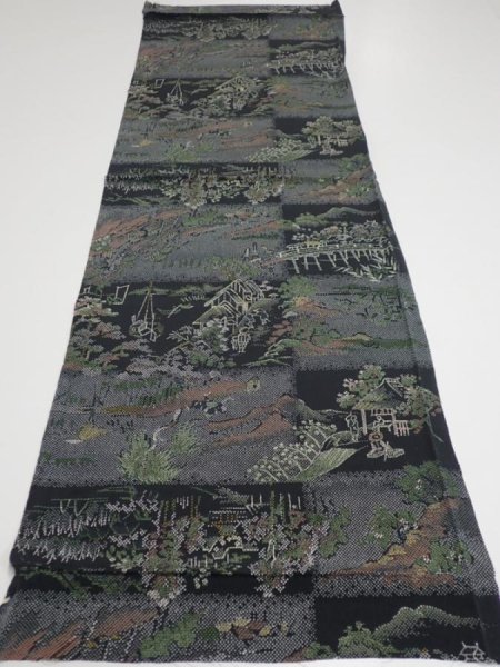 Photo5: 2D02z60  Japanese Kimono Silk  FABRIC Edo era Black 41.7x13.8 (5)