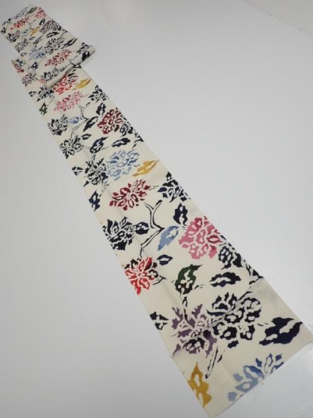 Photo5: 2D09z50  Japanese Kimono Silk  FABRIC Peony Off-white 76.4x6.9 (5)