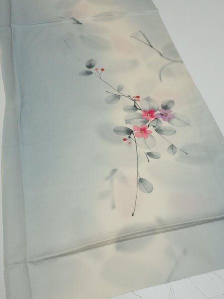 Photo2: 2D01z60  Japanese Kimono Silk  FABRIC Flower Dull light blue 42.5x14.2 (2)