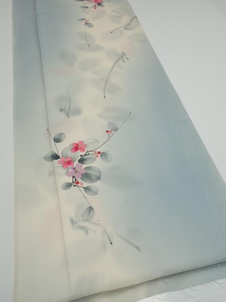 Photo2: 2D04z90  Japanese Kimono Silk  FABRIC Flower Dull light blue 66.1x14.6 (2)
