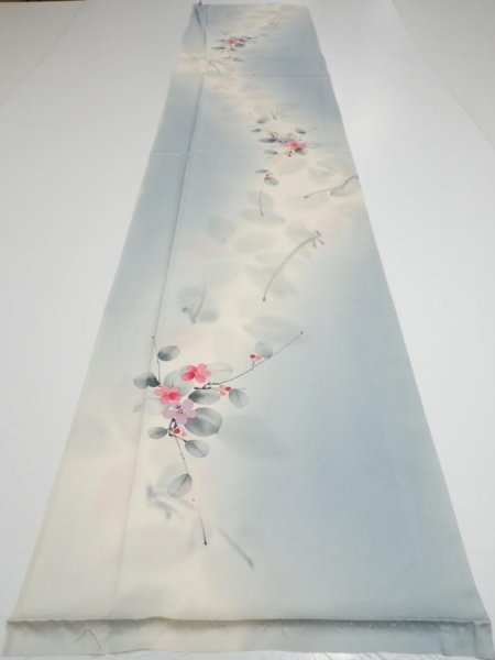 Photo5: 2D04z90  Japanese Kimono Silk  FABRIC Flower Dull light blue 66.1x14.6 (5)