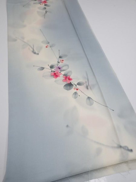 Photo2: 2D06z90  Japanese Kimono Silk  FABRIC Flower Dull light blue 66.1x14.2 (2)