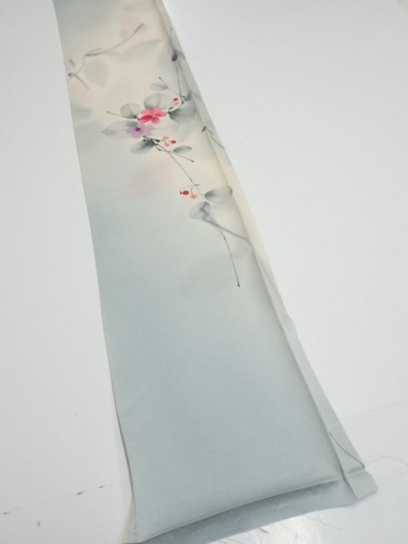 Photo2: 2D07z40  Japanese Kimono Silk  FABRIC Flower Dull light blue 59.1x7.1 (2)