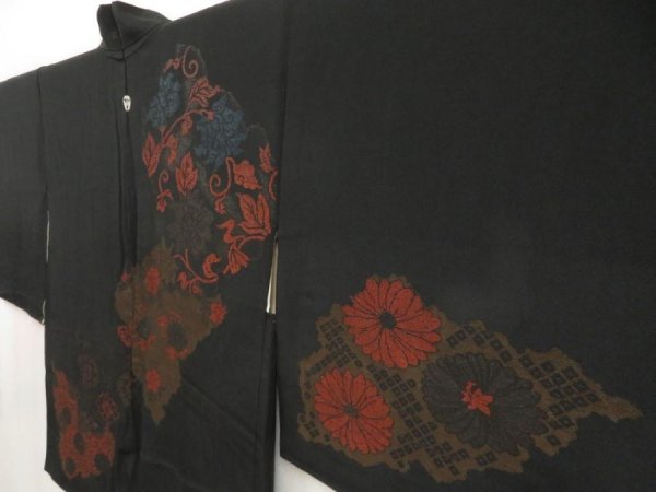 Photo2: 5013T04z490 Vintage Japanese Kimono Silk URUSHI HAORI Flowers Black (2)