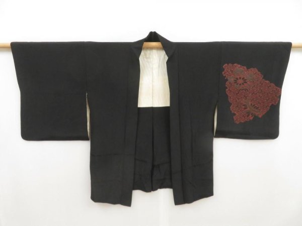 Photo6: 5013T04z490 Vintage Japanese Kimono Silk URUSHI HAORI Flowers Black (6)
