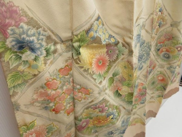 Photo3: 5013T11z800 Vintage Japanese Kimono Silk TSUKESAGE Flowers Champagne (3)