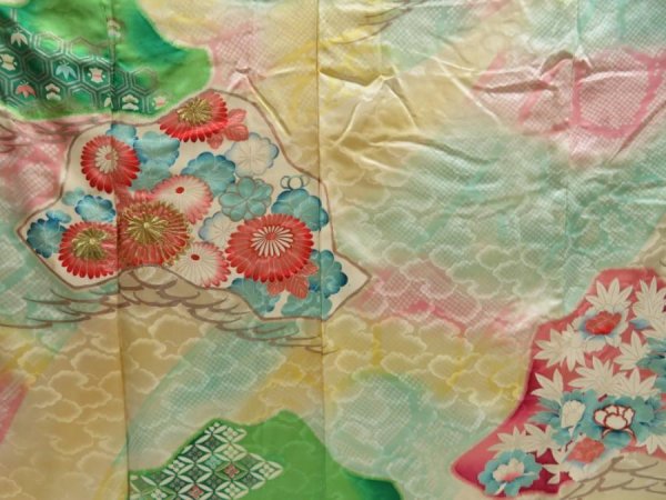 Photo8: 5013T13z810 Vintage Japanese Kimono Silk FURISODE Pine Light cream (8)