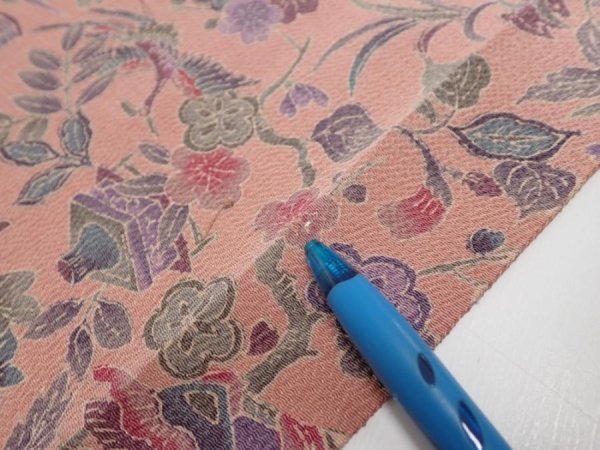 Photo7: 1S01z70  Japanese Kimono Crepe Silk  FABRIC Flowers Rosy brown 41.7x14.8 (7)