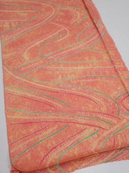 Photo2: 1S01z70  Japanese Kimono Silk  FABRIC Stream Coral-Orange 50.0x14.8 (2)