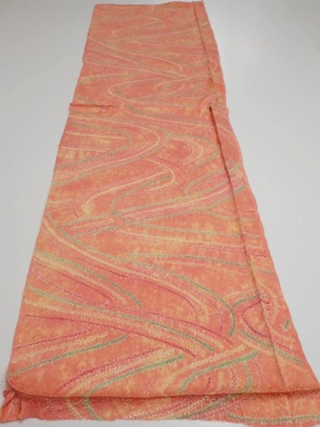 Photo5: 1S01z70  Japanese Kimono Silk  FABRIC Stream Coral-Orange 50.0x14.8 (5)
