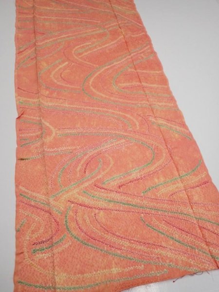 Photo2: 1S06z90  Japanese Kimono Silk  FABRIC Stream Coral-Orange 63.8x14.6 (2)