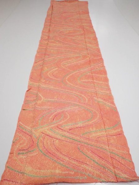 Photo5: 1S06z90  Japanese Kimono Silk  FABRIC Stream Coral-Orange 63.8x14.6 (5)