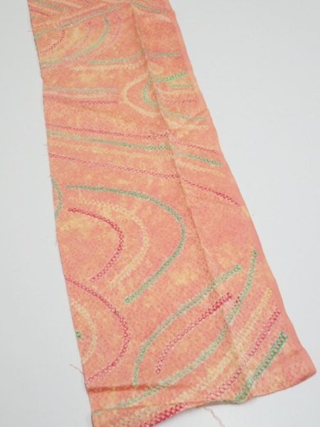 Photo2: 1S10z30  Japanese Kimono Silk  FABRIC Stream Coral-Orange 34.6x7.3 (2)