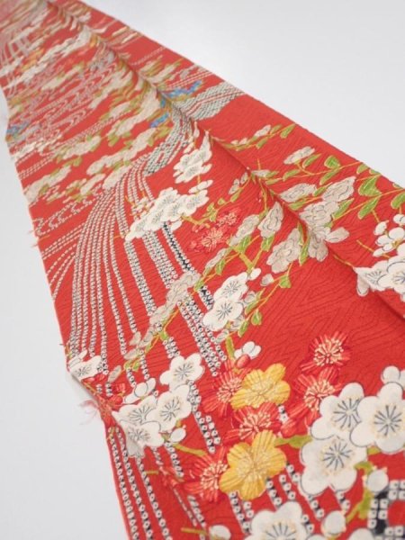 Photo1: 1W07z40  Japanese Kimono Silk  FABRIC Plum blossom Red 57.5x7.5 (1)
