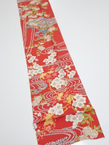 Photo2: 1W09z50  Japanese Kimono Silk  FABRIC Plum blossom Red 79.5x6.9 (2)
