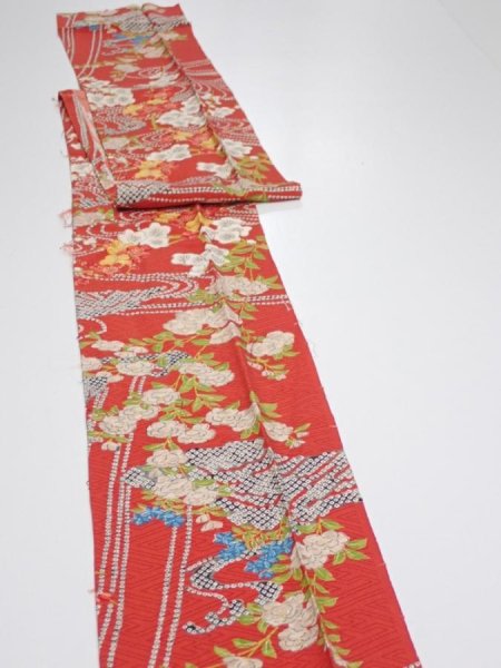 Photo3: 1W09z50  Japanese Kimono Silk  FABRIC Plum blossom Red 79.5x6.9 (3)