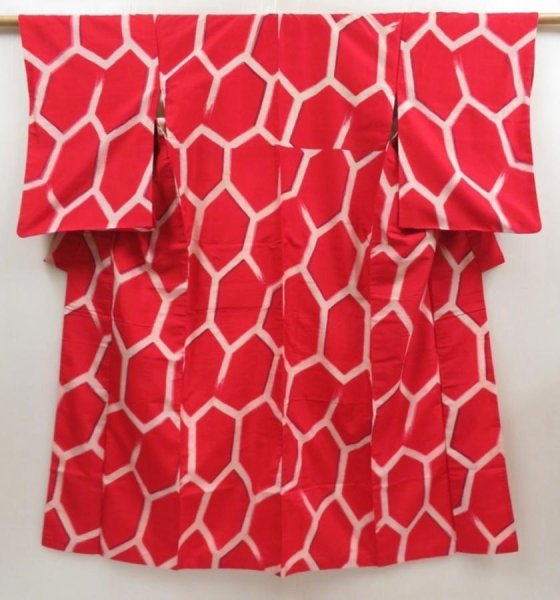 Photo1: 5019T06z680 Vintage Japanese Kimono Silk MEISEN KOMON Kikko Red (1)