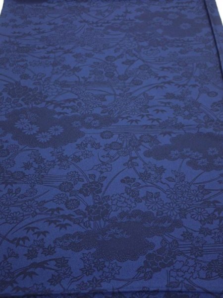 Photo1: 1U01z60  Japanese Kimono Crepe Silk  FABRIC Flowers Indigo 44.9x15.0 (1)