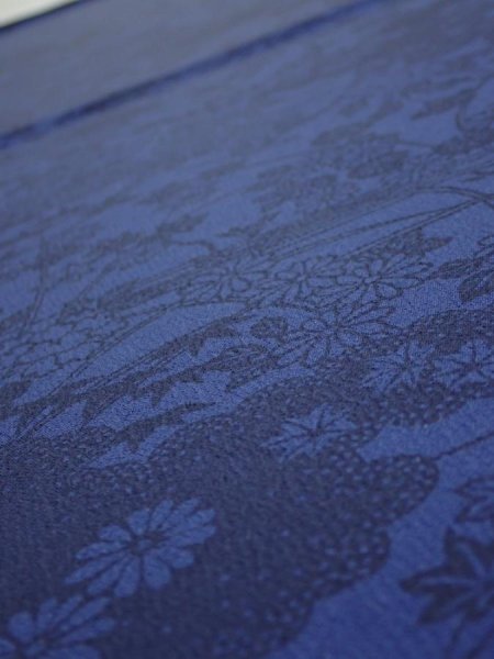 Photo4: 1U02z60  Japanese Kimono Crepe Silk  FABRIC Flowers Indigo 43.7x15.0 (4)