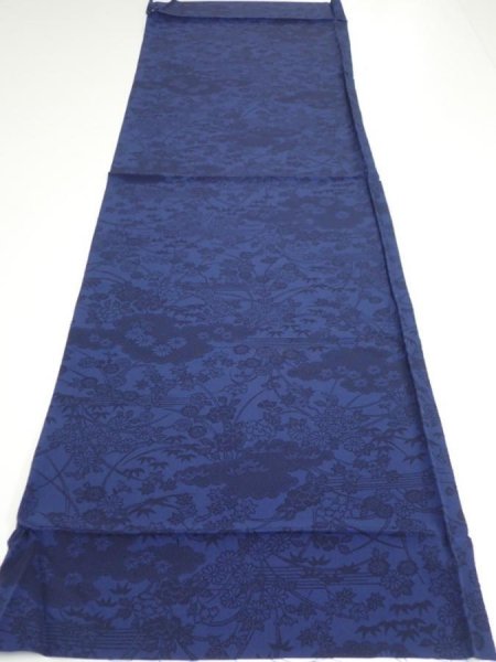 Photo5: 1U02z60  Japanese Kimono Crepe Silk  FABRIC Flowers Indigo 43.7x15.0 (5)