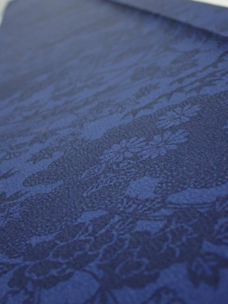Photo4: 1U07z50  Japanese Kimono Crepe Silk  FABRIC Flowers Indigo 61.4x7.9 (4)