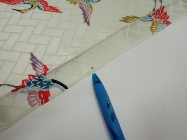 Photo9: 1U01z70  Japanese Kimono Silk  FABRIC Flying crane Mint-white 48.0x14.6 (9)