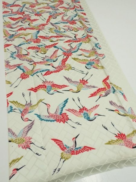 Photo2: 1U06z80  Japanese Kimono Silk  FABRIC Flying crane Mint-white 63.8x14.6 (2)