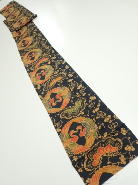 Photo5: 1U09z60  Japanese Kimono Crepe Silk  FABRIC Crane Dark navy 81.5x6.7 (5)