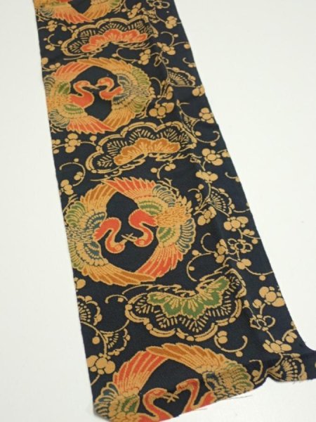 Photo2: 1U10z30  Japanese Kimono Crepe Silk  FABRIC Crane Dark navy 36.6x6.7 (2)
