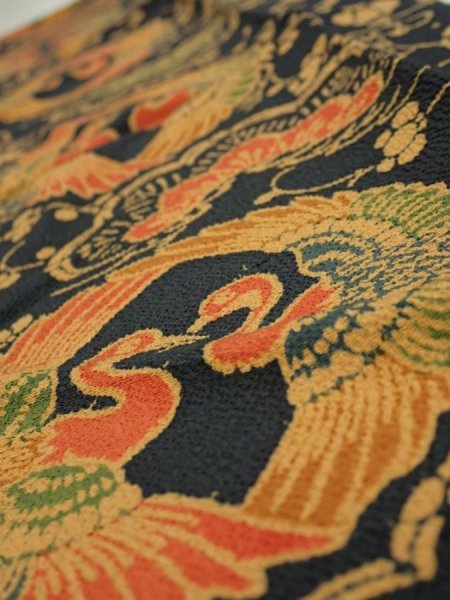 Photo4: 1U10z30  Japanese Kimono Crepe Silk  FABRIC Crane Dark navy 36.6x6.7 (4)