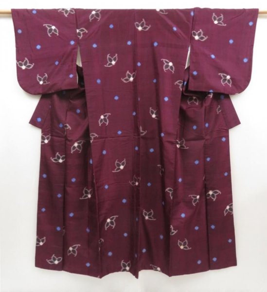Photo1: 5025T13z670 Vintage Japanese Kimono Silk MEISEN KOMON Flower Dark grape (1)