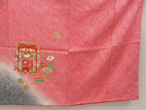 Photo7: 5105T02z910 Vintage Japanese Kimono Silk Girl's  Shell box Red-Pink Shibori (7)