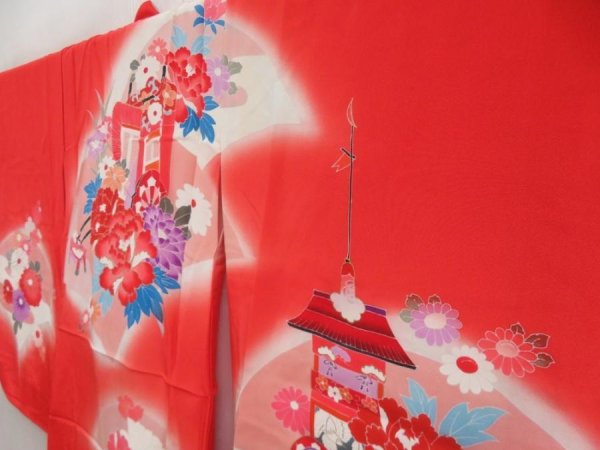 Photo2: 5105T03z360 Vintage Japanese Kimono Silk Girl's  Peony Tomato red (2)