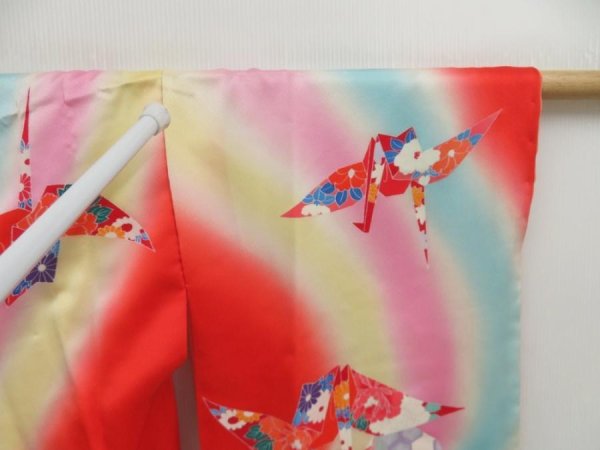 Photo8: 5105T04z730 Vintage Japanese Kimono Silk Girl's  Origami crane  Red (8)