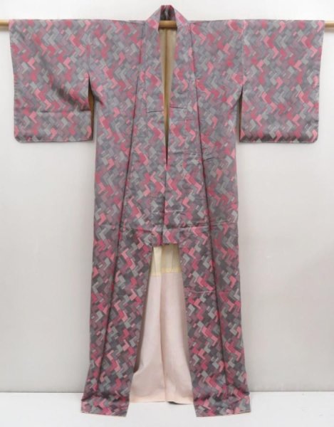 Photo6: 5105T13z860 Vintage Japanese Kimono Silk OMESHI KOMON  Gray Pink (6)