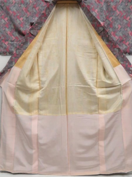Photo7: 5105T13z860 Vintage Japanese Kimono Silk OMESHI KOMON  Gray Pink (7)
