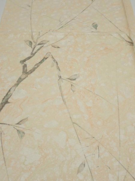 Photo1: 1T01z60  Japanese Kimono Silk  FABRIC Suminagashi Off-white 41.3x14.4 (1)