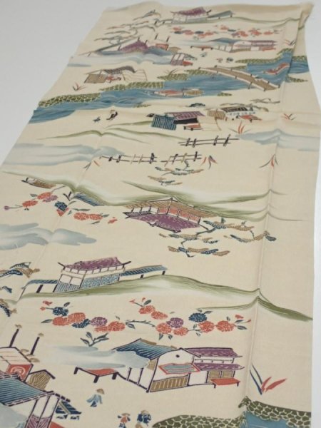 Photo3: 1T03z90  Japanese Kimono Silk  FABRIC Edo era Sand beige 64.6x13.6 (3)
