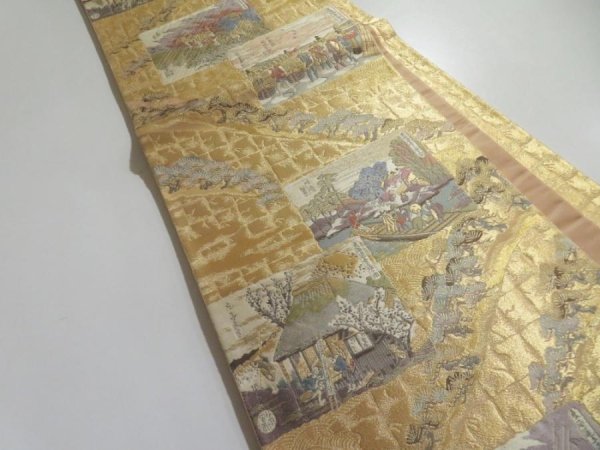 Photo3: 5113Y01z1000  Japanese Kimono Silk FUKURO OBI Ukiyoe Gold 168.5x11.8 (3)