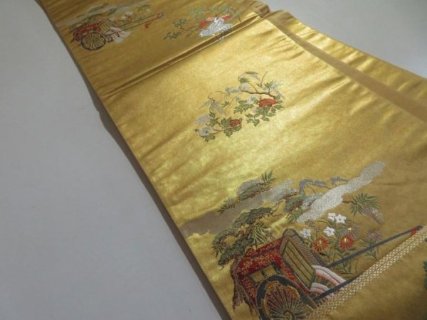 Photo3: 5114Y02z770  Japanese Kimono Silk FUKURO OBI Crane Gold 174.8x12.2 (3)