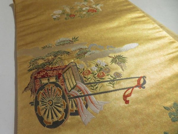 Photo4: 5114Y02z770  Japanese Kimono Silk FUKURO OBI Crane Gold 174.8x12.2 (4)