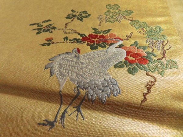 Photo5: 5114Y02z770  Japanese Kimono Silk FUKURO OBI Crane Gold 174.8x12.2 (5)