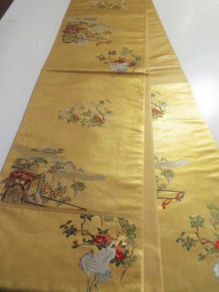 Photo6: 5114Y02z770  Japanese Kimono Silk FUKURO OBI Crane Gold 174.8x12.2 (6)