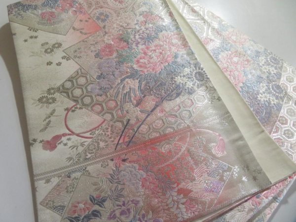 Photo1: 5114Y04z990  Japanese Kimono Silk FUKURO OBI Flower cart Silver 163.8x12.2 (1)