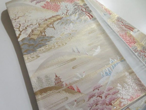 Photo1: 5114Y06z900  Japanese Kimono Silk FUKURO OBI Scenery  173.2x12.2 (1)