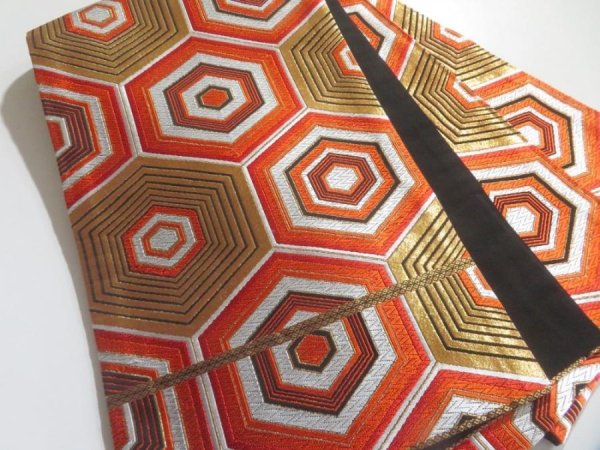 Photo1: 5114Y07z1100  Japanese Kimono Silk FUKURO OBI Kikko Gold 159.1x11.6 (1)