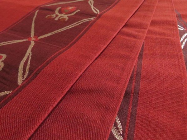 Photo2: 5114Y10z850  Japanese Kimono Silk FUKURO OBI Bird Dark red 166.9x12.4 (2)