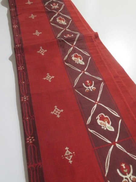 Photo3: 5114Y10z850  Japanese Kimono Silk FUKURO OBI Bird Dark red 166.9x12.4 (3)