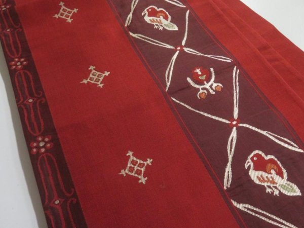 Photo4: 5114Y10z850  Japanese Kimono Silk FUKURO OBI Bird Dark red 166.9x12.4 (4)