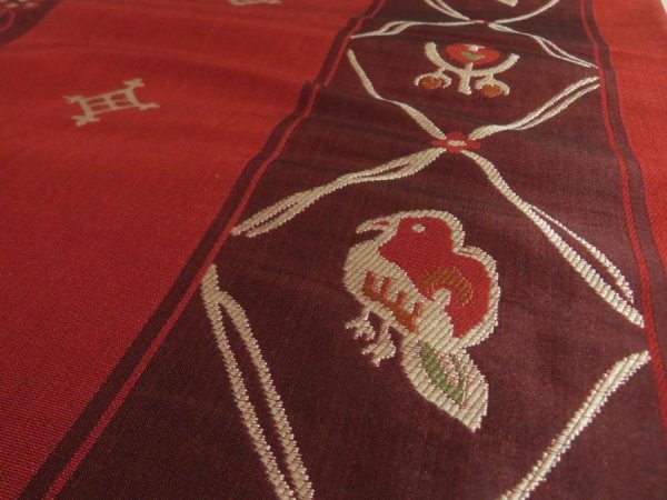 Photo5: 5114Y10z850  Japanese Kimono Silk FUKURO OBI Bird Dark red 166.9x12.4 (5)